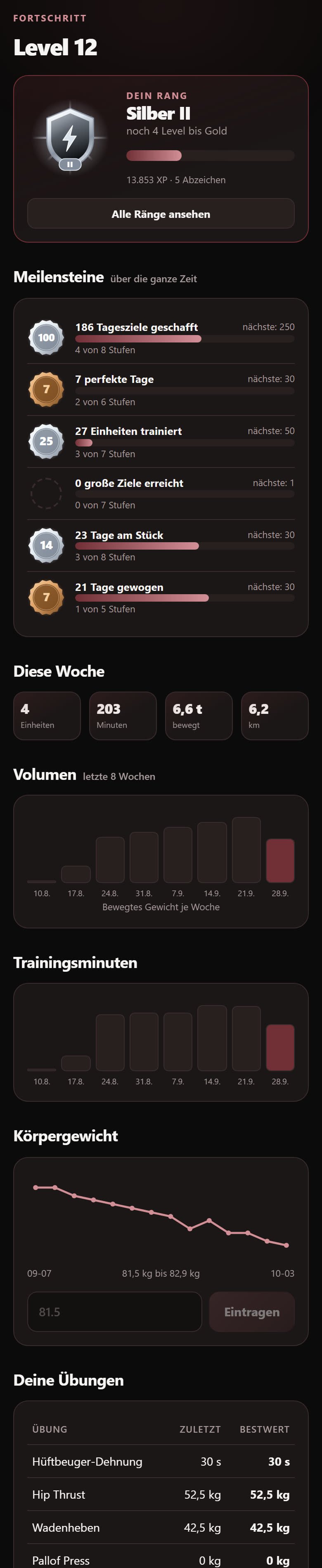 Rang und Meilensteine in der App